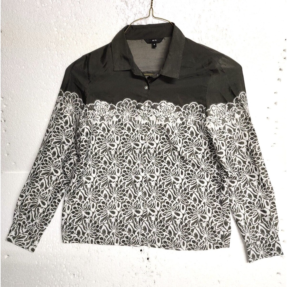 Chemistry Top Women Medium Green White Floral Button Up Collared Long Sleeve